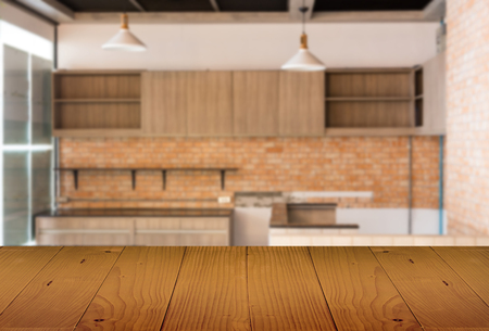 wood counter bar table top front of kitchen use for display book product concept. use for display product.の写真素材