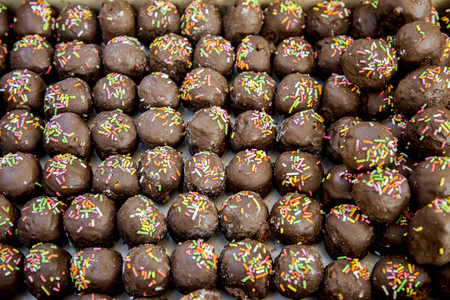 close up choccolate ball in bakery shop. Sweet dessert from choccolate concept.の写真素材