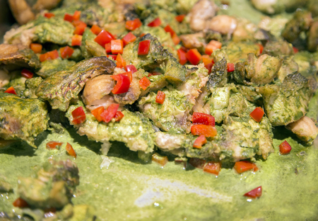 close up fried fish with basil sauce with rapika chilli.Thai cuisine menu.の写真素材