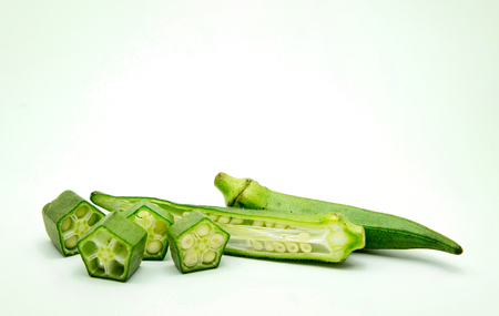 green Okra slice on white isolated. good health from herb ingredient from okra.の写真素材