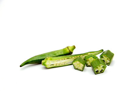 green Okra slice on white isolated. good health from herb ingredient from okra.の写真素材