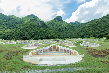 21 October 2018,Kanchaaburee,Thailand. Landscape beautyful Chinese funeral on green mountain and skyのeditorial素材