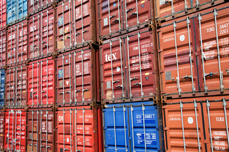 8 October 2018 , Bangkok, Thailand. lot of containner in cargo at dock with many brand at Bangkok...