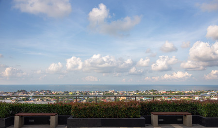 landscape horizontal line oceanside with town from high buiding roof gardenの写真素材