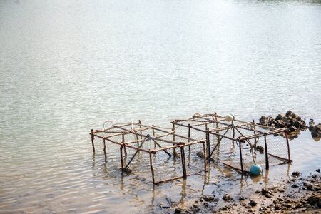 fishing net box for caching crab at sand beach sea waterの写真素材