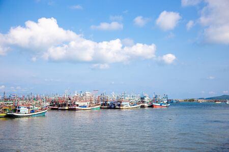 fisherman boats on seascape on seashore in agriculture industryの写真素材