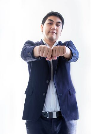 smart asian businessman in blue tone business uniform on white isolated backgroundの写真素材