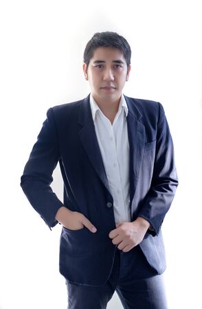 smart asian businessman in blue tone business uniform on white isolated backgroundの写真素材