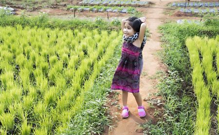 fresh air and good health of asian kid breezing on agriculture fieldの写真素材