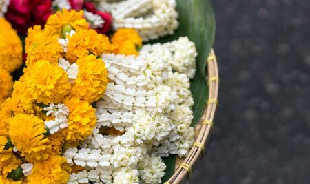 flower garland for prying god of hindu or buddismの写真素材