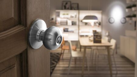 open door to blur kitchen in banner size, Focus on wood door with lockの写真素材