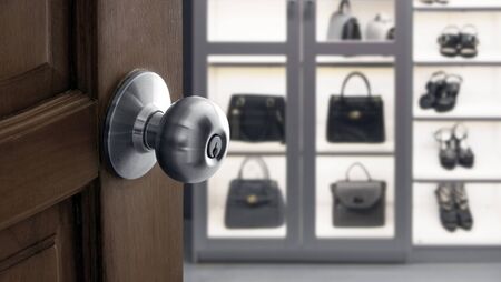 open door to blur aprtment in banner size, Focus on wood door with lockの写真素材