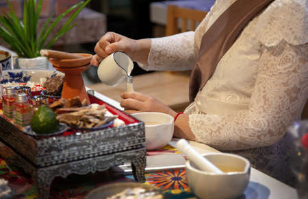 homemade aroma water with flower and herb for Thai tradition purfumeの写真素材