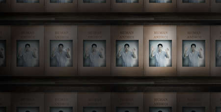 Human dool in plastic and paper box on wood shelf in human cyborg conceptの写真素材