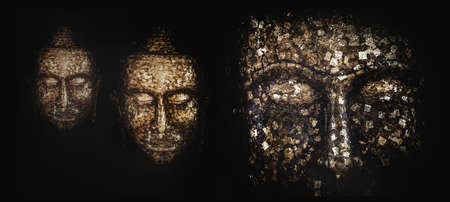 golden buddha sculture with golden sheet on dark background in banner sizeの写真素材