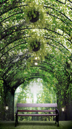 old wood outdoor seat on green grass with wood archway background in vertical banner sizeの写真素材