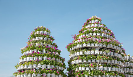 tower of flower pot in decoration gardenの写真素材