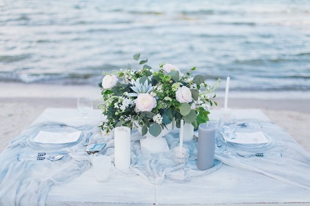 Wedding table at the seashore.の写真素材