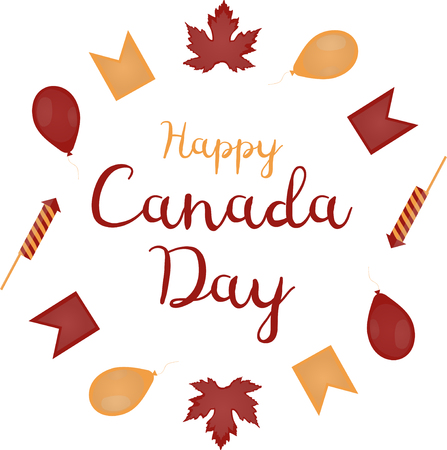 Happy Canada Day. National Canadian holiday. Red-yellow image. The text is surrounded by balloons, maple leaves, flags, petards. Vector.のイラスト素材