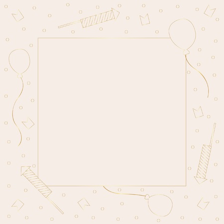 Template. A frame of pastel pink color with transparent confetti, petards, balloons and flags with gold contours. In the center is a square with a golden stroke. Vector.のイラスト素材