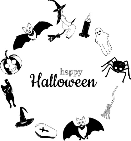 Happy Halloween. Banner. Bats, witch, candle, spider, ghost, broom, coffin, cat, pumpkin, witch's cap around the inscription. Drawing by hand. Black and white. Vector.のイラスト素材