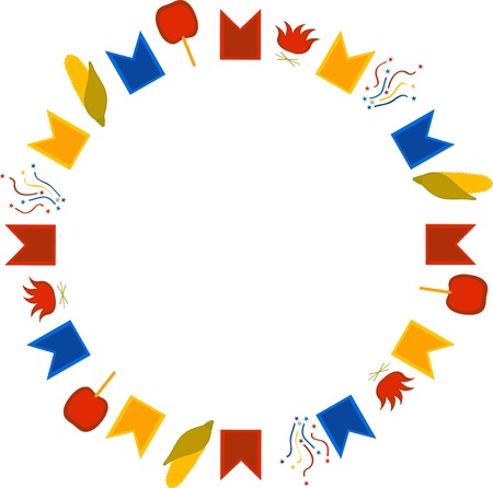 Round frame for Brazil June Festival. Flags, confetti, corn, caramel apples and bonfires on a white background. Vector.のイラスト素材