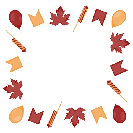 Canada Day. Square frame of balloons, balloons, firecrackers and flags on white background. Vector.のイラスト素材