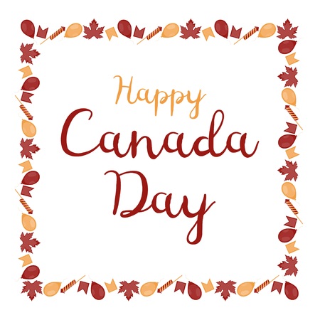 Banner for Canada Day. Maple leaves, flags, balls and firecrackers on a white background. Vector.のイラスト素材