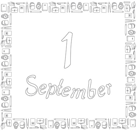 September 1. Black white square banner. Stationery around lettering on a white background. Coloring book. Vector.のイラスト素材