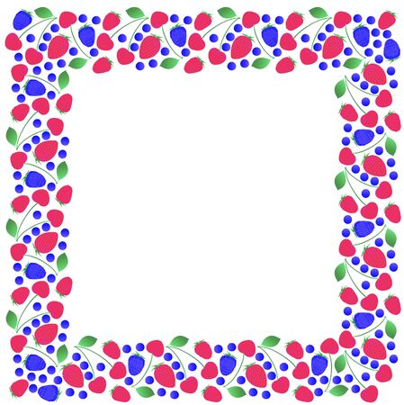 Square frame of fresh whole strawberries, cherries, blackberries, raspberries and blueberries on a white background. Vector.のイラスト素材