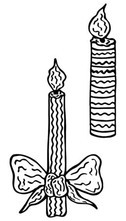 Hand-drawn two black-white burning candles on a white background. Scandinavian style decorative elements for painting. Vector.のイラスト素材