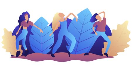3 young girls dance against the background of nature in the park. Flat concept on a white background. Vector illustration.のイラスト素材