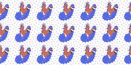 Seamless pattern of abstract roosters on wavy spots and hearts on a white background. Scandinavian style. Design for textile, wallpaper, wrapping, etc. Vector.のイラスト素材
