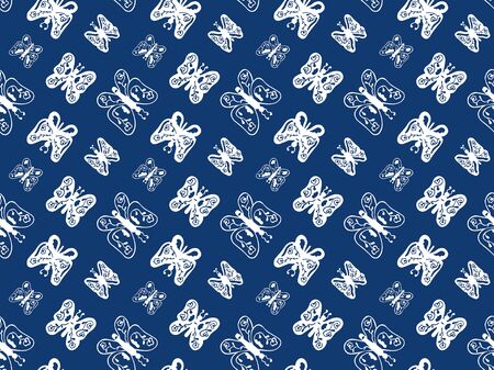 Seamless pattern in abstract white butterflies with patterns inside on a blue background. Hand-drawn decor. Vector.のイラスト素材