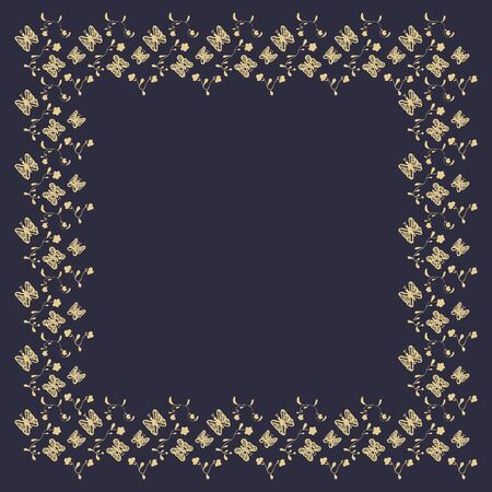Square frame of abstract golden butterflies and flowers on a dark background. Hand drawing. For text, invitation, card, signboard, flyer, etc. Vector.のイラスト素材