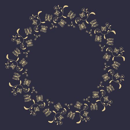 Round frame of hand-drawn abstract golden contour butterflies and flowers on a black background. Elegant decor for text, banner, invitation, flyer etc. Vector.のイラスト素材