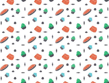 Seamless pattern of jelly, cakes, pies, meringues, muffins and sweets in the Scandinavian style on a white background. For wrapping paper, packaging, wallpaper, fabric, etc. Vector.のイラスト素材