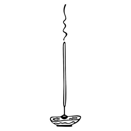 Black-white hand-drawn isolated burning incense stick with stand holder. Vector.のイラスト素材