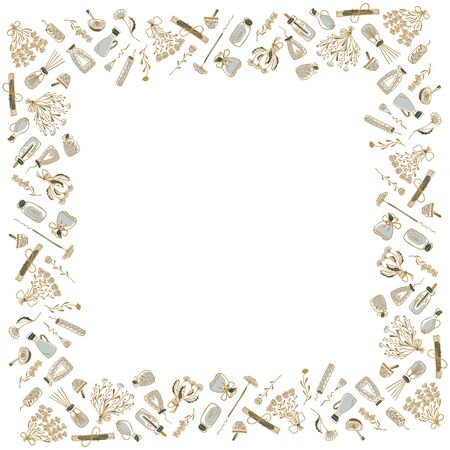 Square frame of hand-drawn spa icons on a white background. Isolated template of doodles on the subject of aromatherapy. Flowers, bouquets, oils, incense, candles, oils, pushers with pestles. Vector.のイラスト素材