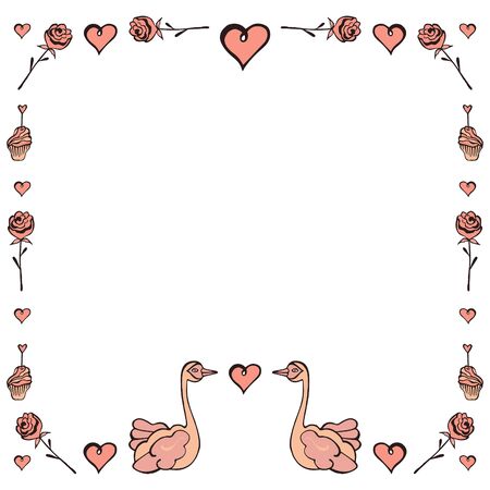 Romantic square frame for Valentine's Day and wedding of hand-drawn swans, roses, hearts and cakes on a white background. For text, banners, advertising, invitations, greeting cards, etc. Vector.のイラスト素材