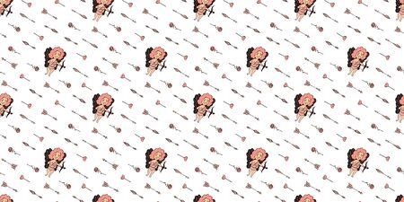 Valentine's day seamless pattern made from hand-drawn Cupid, roses and arrows on a white background. For fabric, wrapping, wallpaper, prints etc. Vector.のイラスト素材