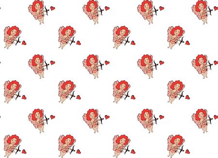 Seamless pattern from hand-drawn Cupids with bows shooting in hearts on a white background. For St....