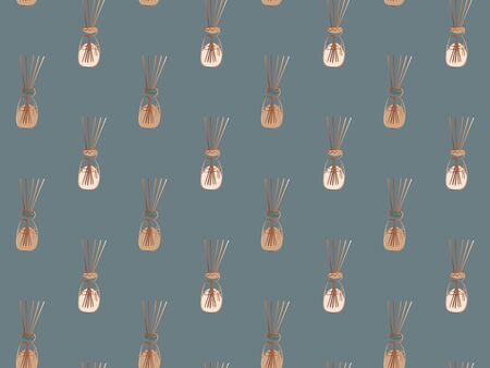 Seamless elegant pattern of hand-drawn aromatic diffusers with wooden sticks on a gray background....