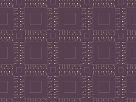 Exquisite seamless pattern for wallpaper of roses and abstract flowers, attached to the golden outline of the figure and squares on an elegant purple background. Vector.のイラスト素材