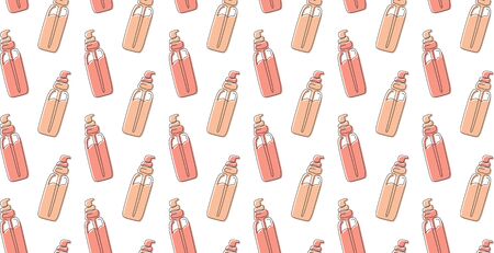Seamless pattern of face serums in bottles with dispensers drawn in one line with a substrates in pastel colors on a white background. Vector.のイラスト素材