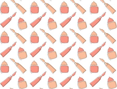 Seamless pattern of tubes with cream flowing out and open jars with face creams drawn in one line with colored substrates on a white background. Vector.のイラスト素材