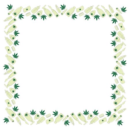 Square frame of hemp and cosmetics based on it drawn in a single line with colored substrates on a white background. Template for text, advertising etc. Vector.のイラスト素材