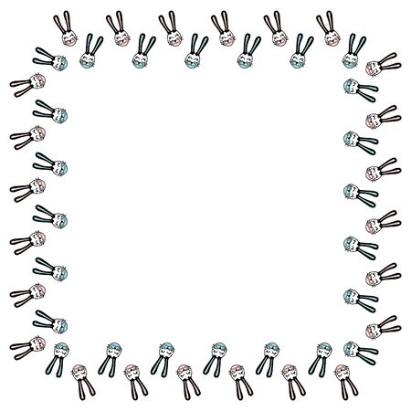Square frame for text from the smiling heads of rabbits drawn by hand in Kawaii style on a white background. Isolated template. Vector.のイラスト素材