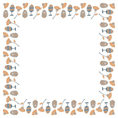 An isolated square frame for Easter from ornamental eggs on supports and without and abstract flowers in orange and gray colors. Space for text. Vector.のイラスト素材