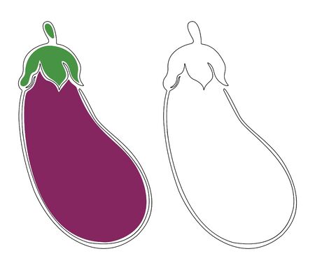Two isolated eggplants from the one line with and without color inserts. Outlines illustrations. Vector.のイラスト素材